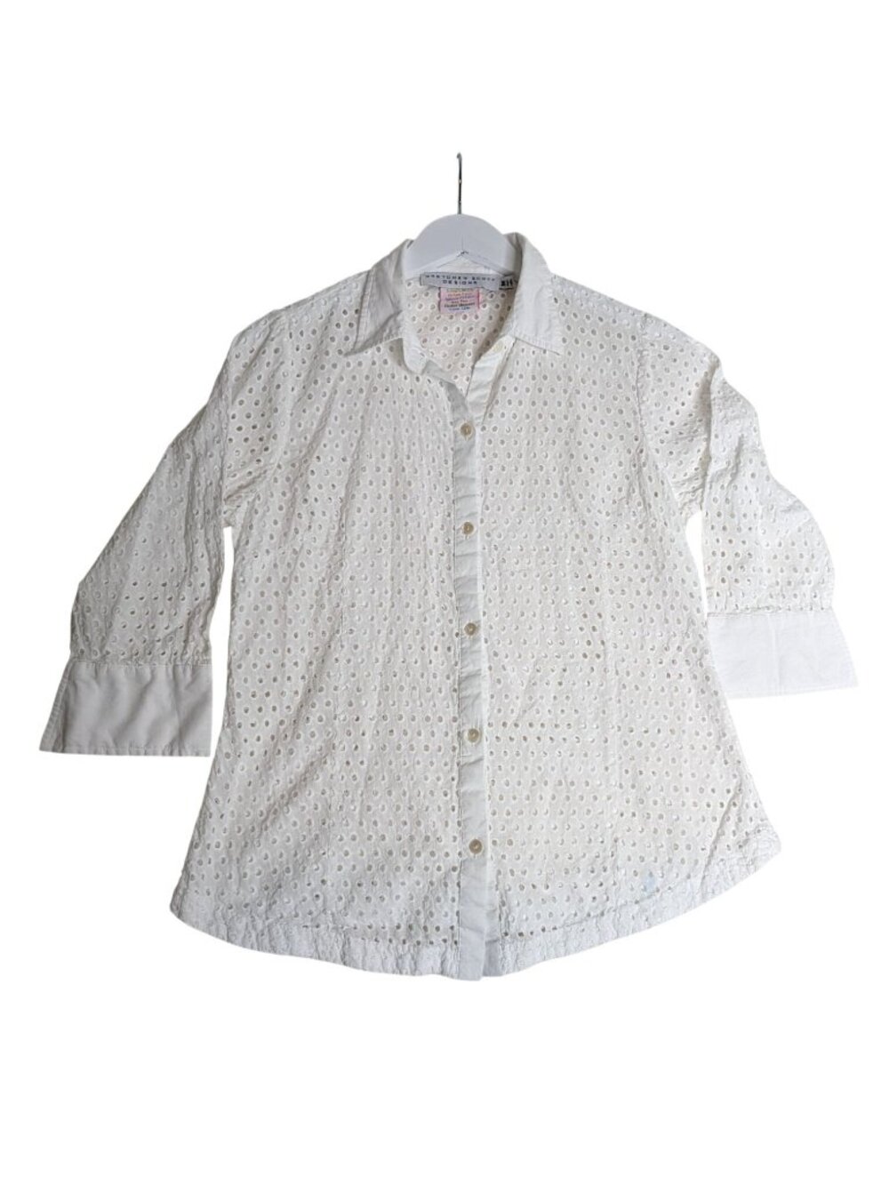 Gretchen Scott M White Eyelet Blouse W/3/4 Length Sleeves Cotton